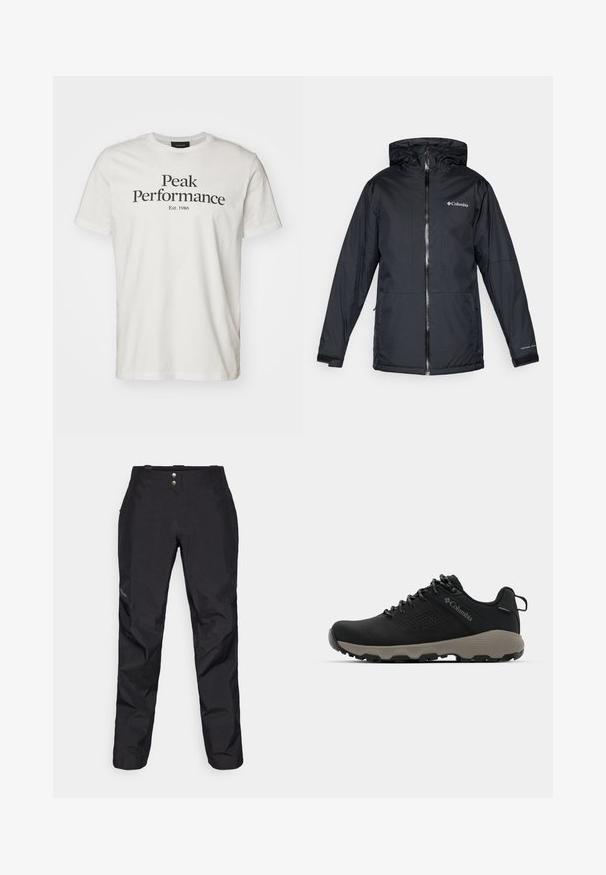 Mustan Columbia-vesitiivis hupullinen takki etuvetoketjulla, säädettävillä hihansuilla ja logolla rinnassa ja hihassa.; Peak Performance ORIGINAL TEE - Printtipaita - offwhite/black; Mustat vedenpitävät housut, joissa on sileä pinta, kahdella etupainikkeella ja kapeneva lahkeen malli. Korostettu sivulle sijoitetulla logolla.; Mustat vaelluskengät, joissa on sileä yläosa, rei'itetty muotoilu, harmaa pohja ja vahvistettu kantapää. Varustettu nauhoilla ja vetoketjulla helppoa päällepukua varten.