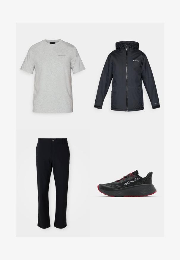 Melnā Columbia ūdensnecaurlaidīgā jaka ar kapuci, priekšējo rāvējslēdzēju, regulējamiem aprocēm un logo uz krūtīm un piedurknēm.; Gaiši pelēks īssvītnes krekls ar apaļu kakla izgriezumu un diskrētu "Peak Performance" logotipu kreisajā krūtī.; Melni bikses ar pogu aizdari, taisnas kājas dizainu, gludu tekstūru un sānu kabatām, piemērotas dažādām situācijām.; Melnas sporta kurpes ar teksturētu augšdaļu, sarkanām auklām un logotipu. Bieza zole ar rakstainu protektoru, lai nodrošinātu saķeri. Minimālisma dizains, sānu skats.
