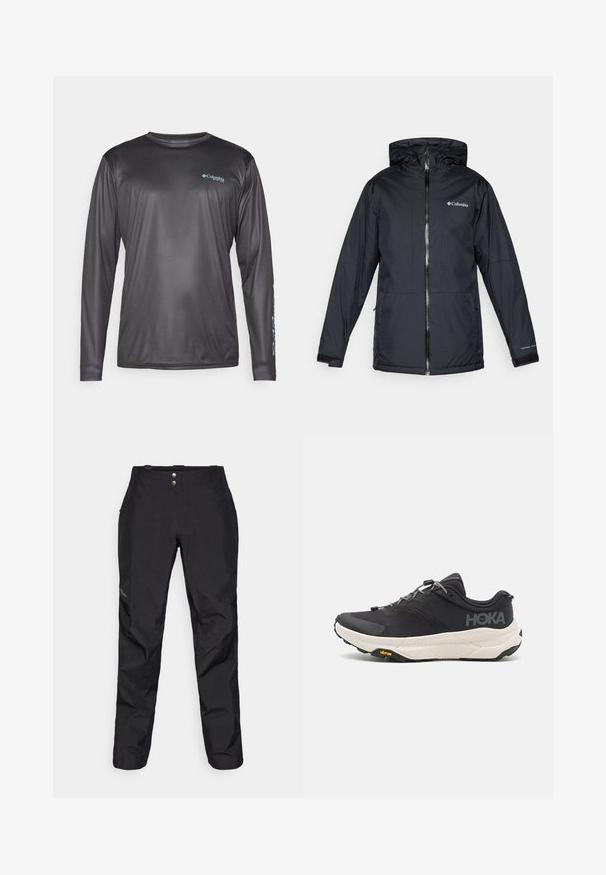 Μαύρο αδιάβροχο jacket Columbia με κουκούλα, μπροστινό φερμουάρ, ρυθμιζόμενα μανίκια και λογότυπο στο στήθος και στο μανίκι.; Μακρυμάνικη, σκούρα γκρι αθλητική μπλούζα φτιαγμένη από λείο, ελαφρύ ύφασμα. Διαθέτει μια διακριτική μπλε λογότυπο στο στήθος και κείμενο στο μανίκι.; Μαύρο αδιάβροχο παντελόνι με απαλή υφή, διαθέτει δύο μπροστινά κουμπιά και σχεδιασμό με στενή γραμμή. Διακοσμημένο με λογότυπο στο πλάι.; Μαύρο αθλητικό παπούτσι με υφασμάτινη επιφάνεια, γκρίζες λεπτομέρειες, ανακλαστικά στοιχεία και παχύ λευκό πάτο με σήμα Vibram.