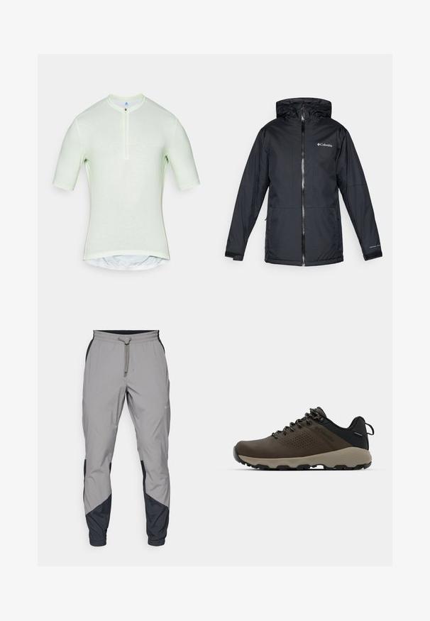 Black Columbia waterproof hooded jacket with front zipper, adjustable cuffs, and logo on chest and sleeve.; Light green short-sleeve shirt with a high collar, half-zip closure, and a fitted design. Features smooth fabric with slight texture.; Lightweight, gray athletic pants with black accents. Elastic waistband, drawstring closure, tapered leg design, and side pockets.; Brown waterproof sneakers with a textured upper, perforated accents, black heel support, and a grey rubber sole. Laces are styled with metallic ends.