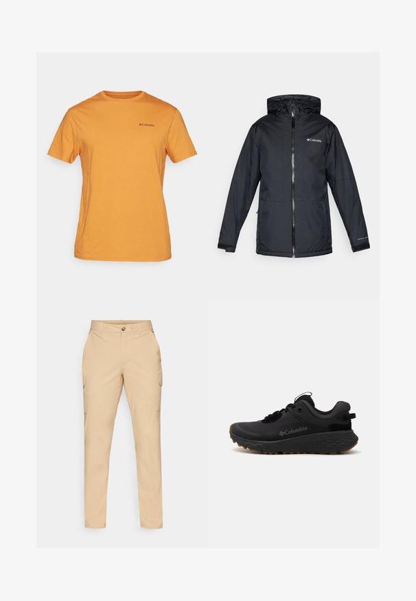 Juodas Columbia vandeniui atsparus jaqueta su kapišonu, priekyje su užtrauktuku, reguliuojamais rankogaliais ir logotipu ant krūtinės bei rankovės.; Columbia NORTH CASCADES™ SHORT SLEEVE TEE - Marškinėliai su spaudiniu - sunstone; Šviesiai rudos spalvos cargo kelnės su užsegimu, lieknu siluetu, šoninėmis kišenėmis ir glotnia medvilnės mišinio medžiaga. Nėra matomų raštų ar akcentų.; Juoda Kolumbijos sportinė avalynė su tekstūruotu paviršiumi, paminkštintu apykakle ir guminėmis padais, kurių paviršiuje yra išskirtinė struktūra sukibimui.