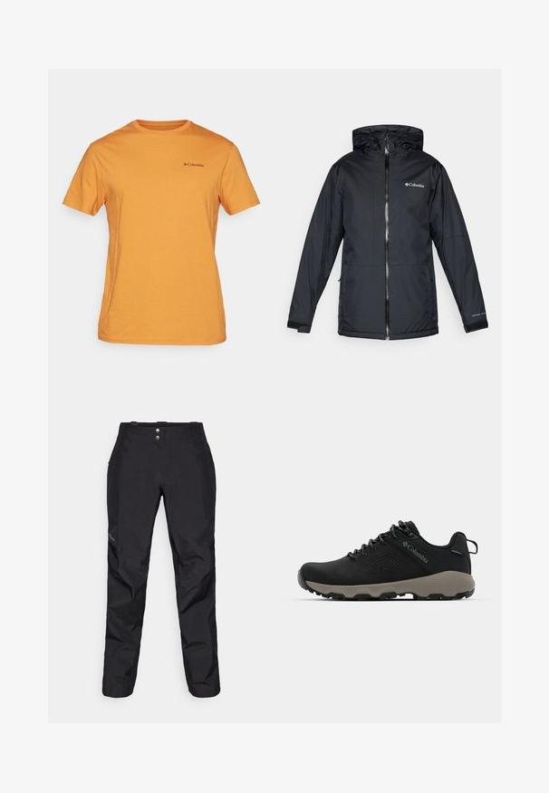Svart Columbia vattentät jacka med huva, framdragkedja, justerbara ärmslut och logotyp på bröstet och ärmen.; Columbia NORTH CASCADES™ SHORT SLEEVE TEE - T-shirt med print - sunstone; Svarta vattentäta byxor med en slät yta, som har två framknappar och en tapered ben design. Försedda med en logotyp på sidan.; Svart vandringsskor med en slät överdel, perforerat mönster, grå sula och förstärkt häl. Har snörning och en dragflik för enkel påtagning.