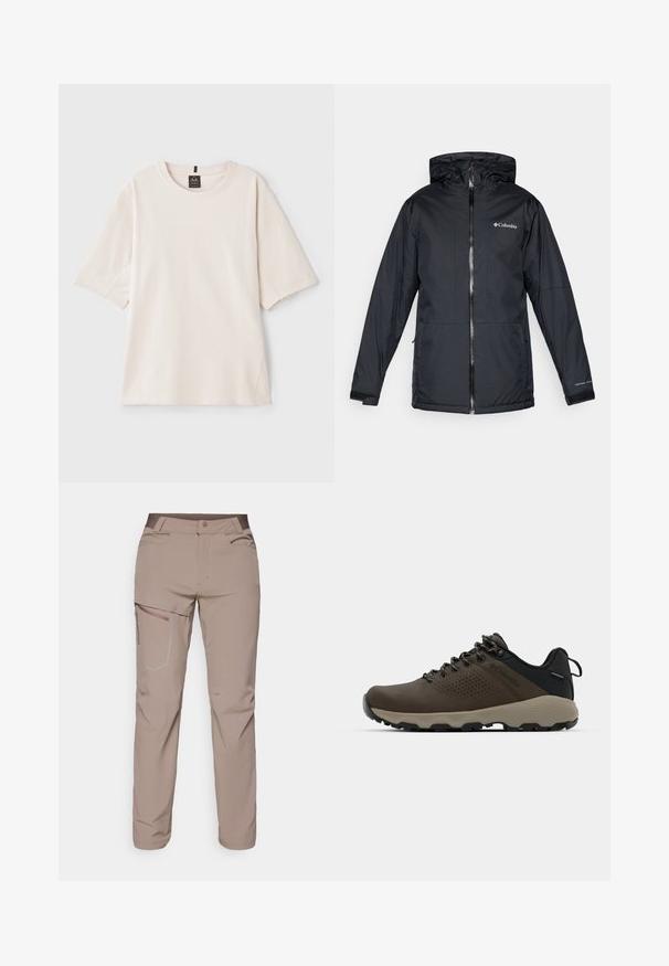 Czarna kurtka Columbia wodoodporna z kapturem, z przednim zamkiem błyskawicznym, regulowanymi mankietami oraz logo na piersi i rękawie.; Jasno beżowy t-shirt wykonany z miękkiej bawełny. Posiada okrągły dekolt, krótkie rękawy oraz luźny krój z detalami na bocznych szwach.; Salomon WAYFARER jasny brąz; Brązowe wodoodporne trampki z teksturowaną cholewką, perforowanymi akcentami, czarnym wsparciem pięty i szarym gumowym podeszwy. Sznurówki ozdobione metalowymi końcówkami.