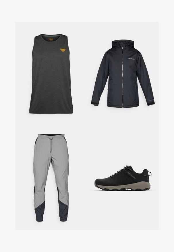 Black Columbia waterproof hooded jacket with front zipper, adjustable cuffs, and logo on chest and sleeve.; Dark gray sleeveless athletic shirt, made of textured material. Features a small yellow logo on the upper left chest area.; Lightweight, gray athletic pants with black accents. Elastic waistband, drawstring closure, tapered leg design, and side pockets.; Black hiking shoe with a smooth upper, perforated design, gray outsole, and reinforced heel. Features laces and a pull tab for easy wear.