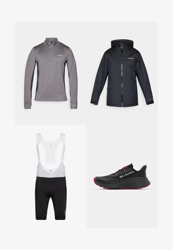 Czarna kurtka Columbia wodoodporna z kapturem, z przednim zamkiem błyskawicznym, regulowanymi mankietami oraz logo na piersi i rękawie.; Szary długi sweter z półzamkiem, z teksturowanej tkaniny, kontrastowe czarne panele po bokach oraz małe logo na piersi.; Czarne spodenki rowerowe z białymi siateczkowymi szelkami. Gładki materiał, wyściełany obszar siedziska oraz elastyczne otwory nogawek zapewniające komfort i dobre dopasowanie.; Czarny sportowy but z teksturowaną cholewką, czerwonymi sznurówkami i logo. Gruba podeszwa z wzorzystym bieżnikiem dla lepszej przyczepności. Minimalistyczny design, widok z boku.