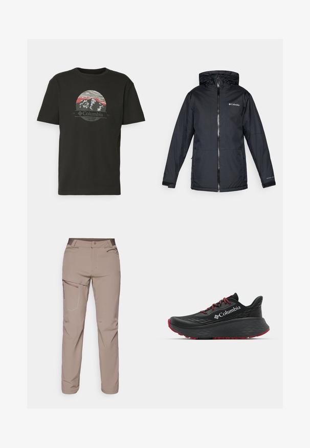 Svart Columbia vanntett hettejakke med frontglidelås, justerbare mansjetter og logo på brystet og ermet.; Columbia PATH LAKE™ GRAPHIC TEE - T-shirts med print - black; Salomon WAYFARER PANTS - Friluftsbukser - iron; Svart treningssko med teksturert overdel, røde snører og logo. Tykksåle med mønstrede dekk for bedre veigrep. Minimalistisk design, sidevinkel.