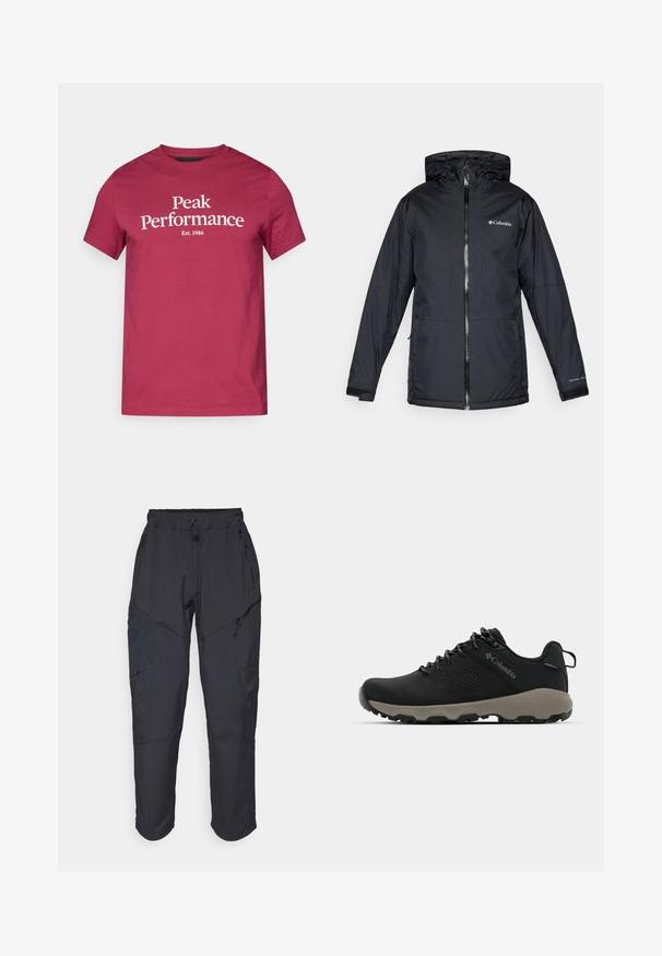 Giacca a vento nera Columbia impermeabile con cerniera anteriore, polsini regolabili e logo sul petto e sulla manica.; T-shirt in cotone color bordeaux con testo bianco "Peak Performance" e "Est. 1986." Maniche corte e design classico con collo a giro.; Pantaloni cargo neri realizzati in un materiale leggero e resistente all'acqua; presentano una vita elastica, diverse tasche con zip e gambe affusolate.; Scarpa da trekking nera con tomaia liscia, design perforato, suola grigia e tallone rinforzato. Caratterizzata da lacci e un anello per una facile calzata.