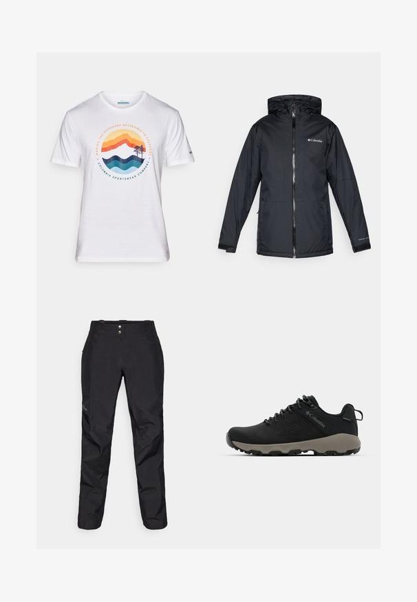 Czarna kurtka Columbia wodoodporna z kapturem, z przednim zamkiem błyskawicznym, regulowanymi mankietami oraz logo na piersi i rękawie.; Biała bawełniana koszulka z kolorową grafiką gór i fal, z napisem, płaskim dekoltem, krótkimi rękawami oraz logo Columbia na rękawie.; Czarne wodoodporne spodnie o gładkiej teksturze, z dwoma przednimi guzikami i zwężającym się krojem nogawki. Akcentowane logo z boku.; Czarne buty trekkingowe z gładką cholewką, perforowanym wzorem, szarym podeszwą oraz wzmocnionym obcasem. Wyposażone w sznurowadła oraz pętelkę umożliwiającą łatwe zakładanie.