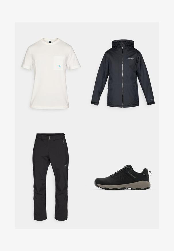 Mustan Columbia-vesitiivis hupullinen takki etuvetoketjulla, säädettävillä hihansuilla ja logolla rinnassa ja hihassa.; Valkoinen puuvillapaita lyhyillä hihoilla, pyöreällä kaula-aukolla ja vasemmassa rinnassa tasku, jossa on pieni sininen kolmion muotoinen logo.; Mustat ulkoiluhousut suoran lahkeen designilla, valmistettu kestävästä kankaasta. Ominaisuuksiin kuuluvat kaksi etutaskua vetoketjulla ja logo reiden kohdalla.; Mustat vaelluskengät, joissa on sileä yläosa, rei'itetty muotoilu, harmaa pohja ja vahvistettu kantapää. Varustettu nauhoilla ja vetoketjulla helppoa päällepukua varten.