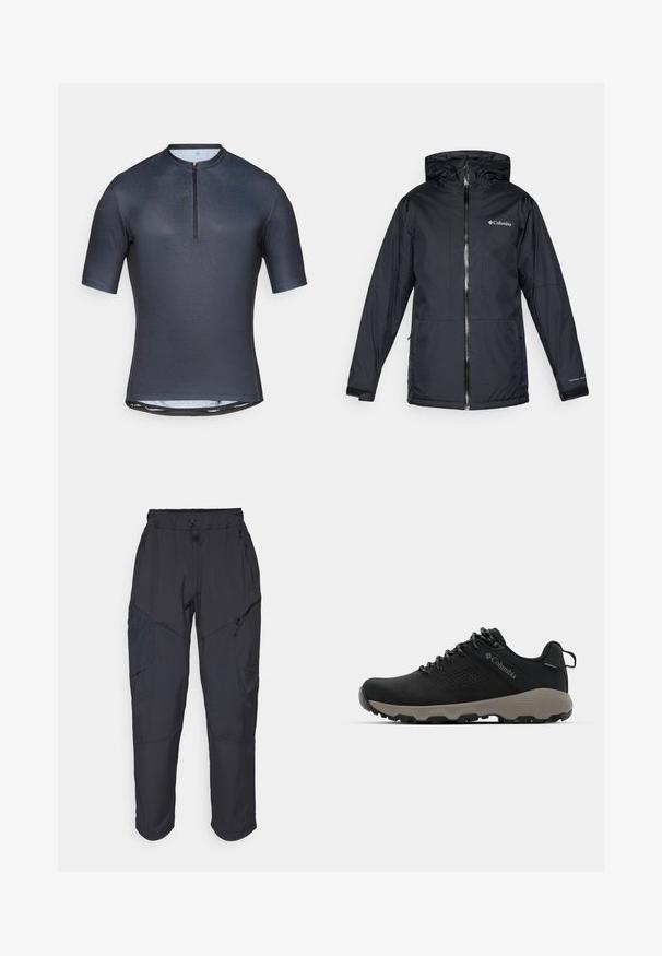 Fekete Columbia vízálló kapucnis dzseki elülső cipzárral, állítható mandzsettával, valamint logóval a mellkason és az ujjon.; Rövid ujjú kerékpáros mez sötét tengerészkék színben, fél cipzárral az elülső részen, sima textúrával és karcsú szabással, fényvisszaverő részletekkel.; Fekete cargo nadrág, könnyű, vízálló anyagból; rugalmas derékrésszel, több cipzáras zsebbel és szűkített lábszárral rendelkezik.; Fekete túrabakancs sima felsőrésszel, perforált dizájnnal, szürke talppal és megerősített sarkal. Fűzővel és húzószalaggal van ellátva a könnyű felvétel érdekében.