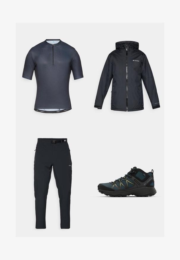 Juodas Columbia vandeniui atsparus jaqueta su kapišonu, priekyje su užtrauktuku, reguliuojamais rankogaliais ir logotipu ant krūtinės bei rankovės.; Trumpas rankovėmis dviratininko džersis tamsiai mėlynos spalvos, su pusiau užtrauktuku priekyje, lygia tekstūra ir liekna siluetu, papildytas atspindinčiais akcentais.; Columbia ESSENTIAL HIKE™ PANT - Lauko kelnės - black; Tamsiai mėlyni žygio batai su juodais akcentais, tekstūruotu tinkliniu viršumi, geltonais siūlais ir tvirtu padu, tinkami lauko veikloms.