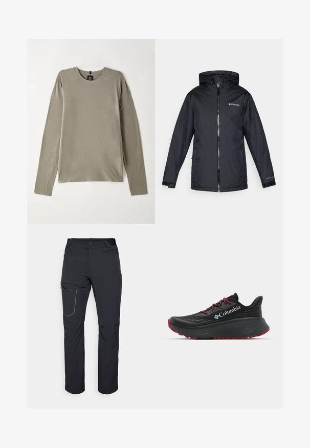 Black Columbia waterproof hooded jacket with front zipper, adjustable cuffs, and logo on chest and sleeve.; Long-sleeved, crew neck top in light gray fabric. Features flat seams and side slits for ease of movement, with a smooth, soft texture.; Black outdoor pants featuring a zippered thigh pocket, elastic waistband, and smooth, water-resistant fabric. Clean design with no visible logos.; Black athletic shoe with textured upper, red laces, and logo. Thick sole with patterned tread for traction. Minimalist design, side view.