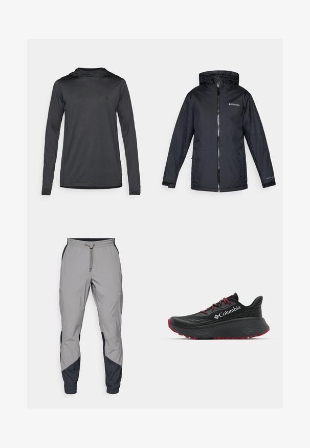 Svart Columbia vattentät jacka med huva, framdragkedja, justerbara ärmslut och logotyp på bröstet och ärmen.; Långärmad sporthuva i mörkgrått tyg, med en minimalistisk design, mjuk textur och en liten logotyp på bröstet.; Lätta, grå träningsbyxor med svarta detaljer. Elastisk midja, dragsko stängning, tapered design och sidofickor.; Svart sportskor med strukturerad ovandel, röda snören och logotyp. Tjock sula med mönstrad slitbana för bra grepp. Minimalistisk design, sidovy.