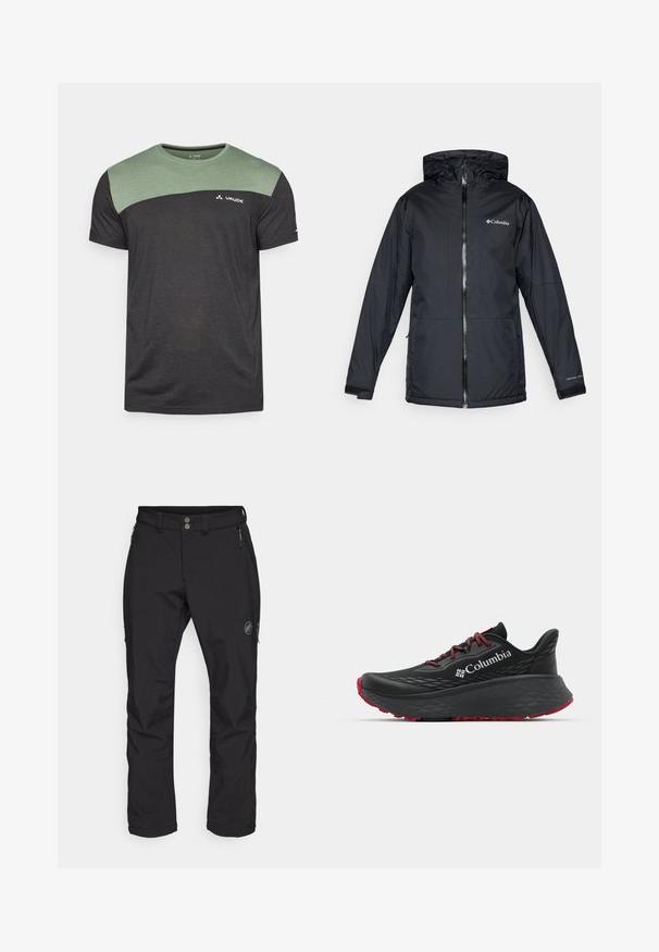 Giacca a vento nera Columbia impermeabile con cerniera anteriore, polsini regolabili e logo sul petto e sulla manica.; T-shirt a maniche corte con corpo nero e yoke in verde melangiato. Caratterizzato da un colletto rotondo e da un logo discreto sul petto. Morbido al tatto.; Pantaloni neri da esterni con design a gamba dritta, realizzati in tessuto resistente. Presentano due tasche frontali con cerniera e un logo sulla coscia.; Scarpa sportiva nera con tomaia testurizzata, lacci rossi e logo. Suola spessa con battistrada a righe per una buona aderenza. Design minimalista, vista laterale.