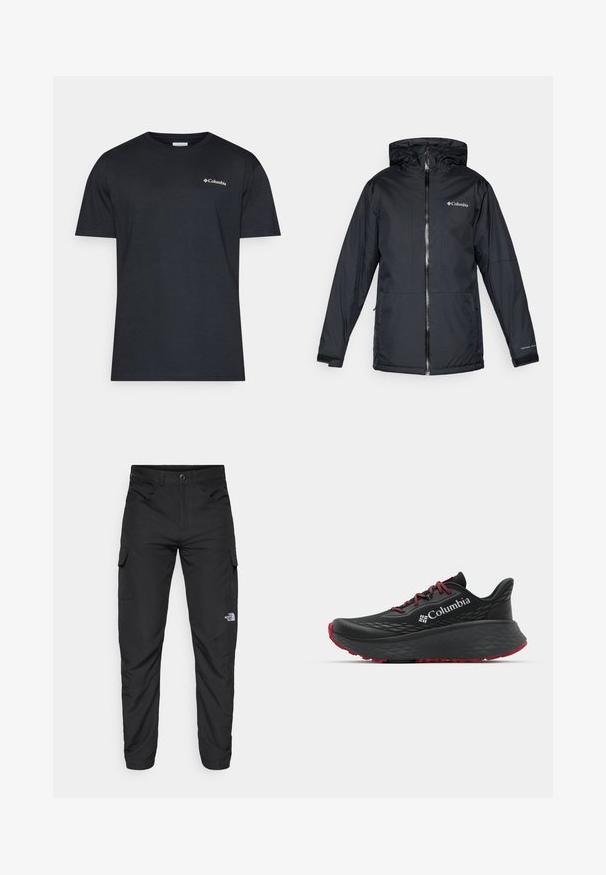 Fekete Columbia vízálló kapucnis dzseki elülső cipzárral, állítható mandzsettával, valamint logóval a mellkason és az ujjon.; Columbia NORTH CASCADES™ SHORT SLEEVE TEE - Nyomott mintás póló - black; The North Face HORIZON PANT - Szabadtéri nadrágok - black; Fekete sportcipő texturált felsőrésszel, piros fűzőkkel és logóval. Vastag talp, mintás járófelülettel a tapadásért. Minimalista dizájn, oldalnézet.