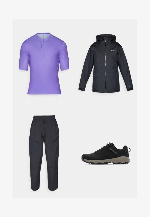 Čierna vodotesná bunda Columbia s kapucňou, predným zipperom, nastaviteľnými manžetami a logom na hrudi a rukáve.; Fialový dres s krátkymi rukávmi a stredným zipsom, hladká tkanina a jemný logo detail na ľavej strane.; Čierne cargo nohavice vyrobené z ľahkého, vodeodolného materiálu; obsahujú elastický pás, viaceré vrecká na zips a zúžené nohavice.; Čierne turistické topánky s hladkým zvrškom, perforovaným dizajnom, šedou podrážkou a vystuženým pätou. Obsahujú šnúrky a pútko pre jednoduché obúvanie.
