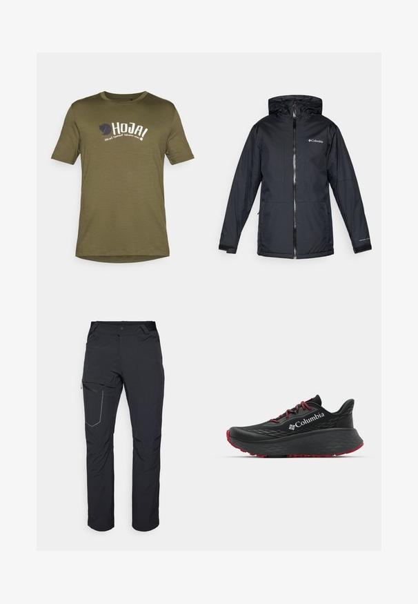 Mustan värvi Columbia veekindel kapuutsiga jakk, millel on esi tõmblukk, reguleeritavad mansetid ning logo rinnal ja varrukal.; Oliivroheline puuvillane T-särk, ümmargune kaelus, lühikesed varrukad, mille esiküljel on valge ja tumesinise värviga trükitud tekst ning logo. Kerge kangas.; Mustad musta värvi välispüksid, millel on tõmblukuga reiepocket, elastne vöökoht ja sile, veekindel kangas. Puhas disain ilma nähtavate logodeta.; Mustan värvi spordijalats tekstuuriga pealisega, punaste paelte ja logoga. Paksem tallaga, millel on mustritooted kaheksast edasi liikumiseks. Minimalistlik disain, külgvaade.