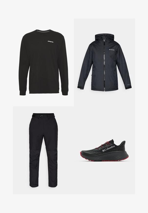 Črna Columbia vodoodporna jakna s kapuco, sprednjim zadrgo, nastavljivimi manšetami ter logotipom na prsih in rokavu.; Črna dolga majica z dolgimi rokavi iz bombaža, s krožnim izrezom in majhnim belim logotipom "patagonia" na prsih. Gladka tekstura.; Črne hlače iz trpežnega materiala s pravim krojem. Značilnosti vključujejo pas z pasom in teksturirane akcentne dele na spodnjem delu nogavic.; Črne atletske čevlje s teksturiranim zgornjim delom, rdečimi vezalkami in logotipom. Debel podplat s patternom za boljši oprijem. Minimalistična zasnova, stranski pogled.