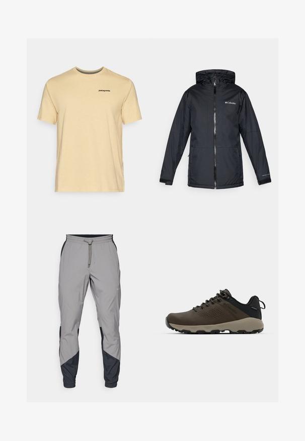 Mustan värvi Columbia veekindel kapuutsiga jakk, millel on esi tõmblukk, reguleeritavad mansetid ning logo rinnal ja varrukal.; Patagonia LOGO - Trükipildiga T-särk - beeswax tan; Kergedatud hallid sportlikud püksid mustade aktsentidega. Elastne vöökoht, stringiga sulgemine, kitsenev jala disain ja küljetaskud.; Kohandatud veekindlad pruunid spordijalatsid tekstuuriga pealisega, perforatsioonidega detailid, must kandetoetav osa ja hall kummine sisetald. Paelad on metallist otstega.