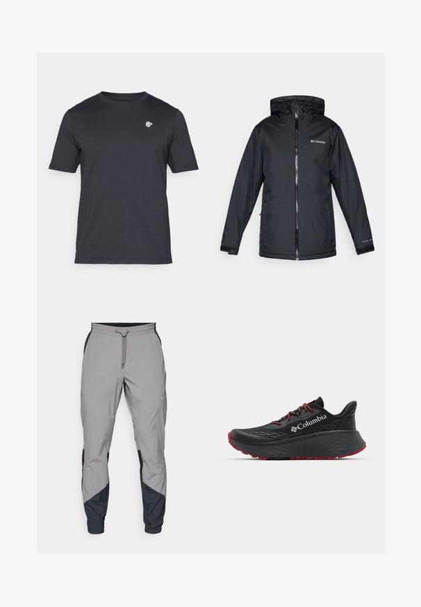 Μαύρο αδιάβροχο jacket Columbia με κουκούλα, μπροστινό φερμουάρ, ρυθμιζόμενα μανίκια και λογότυπο στο στήθος και στο μανίκι.; Κοντομάνικη μπλούζα τύπου crew με στρογγυλή λαιμόκοψη σε σκούρο γκρι χρώμα, κατασκευασμένη από μαλακό βαμβάκι, featuring ένα μικρό λευκό λογότυπο στο αριστερό στήθος. Απλός σχεδιασμός, χωρίς σχέδια.; Ελαφρύ γκρι αθλητικό παντελόνι με μαύρες λεπτομέρειες. Ελαστική μέση, κλείσιμο με κορδόνι, σχέδιο με στενό πόδι και πλαϊνές τσέπες.; Μαύρο αθλητικό παπούτσι με υφή στην επάνω πλευρά, κόκκινες κορδόνες και λογότυπο. Παχύ πέλμα με μοτίβο για πρόσφυση. Μινιμαλιστικός σχεδιασμός, πλευρική όψη.