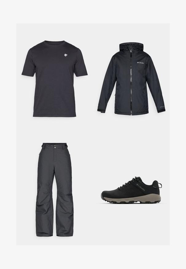 Casaco impermeável com capuz da Columbia, na cor preta, com fecho frontal, punhos ajustáveis e logotipo no peito e na manga.; T-shirt de manga curta, gola redonda, em cinza escuro, feito de algodão macio, com um pequeno logotipo branco no lado esquerdo do peito. Design simples, sem padrões.; Pantalões de neve isolados pretos com abas ajustáveis na cintura, botões de pressão na frente e detalhes nas costuras das pernas, projetados para clima frio.; Sapatilha de caminhada preta com parte superior lisa, design perfurado, sola cinza e calcanhar reforçado. Apresenta atacadores e uma alça para facilitar o calçar.