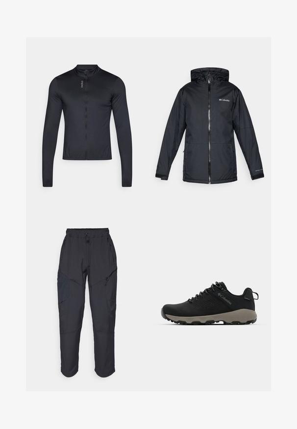 Czarna kurtka Columbia wodoodporna z kapturem, z przednim zamkiem błyskawicznym, regulowanymi mankietami oraz logo na piersi i rękawie.; Czarna koszulka rowerowa z długim rękawem, wyposażona w wysoki kołnierz, pełny zamek błyskawiczny oraz lekką, oddychającą tkaninę. Gładka struktura z minimalnym logo.; Czarne spodnie cargo wykonane z lekkiego, wodoodpornego materiału; posiadają elastyczny pas, liczne kieszenie zapinane na zamek oraz zwężane nogawki.; Czarne buty trekkingowe z gładką cholewką, perforowanym wzorem, szarym podeszwą oraz wzmocnionym obcasem. Wyposażone w sznurowadła oraz pętelkę umożliwiającą łatwe zakładanie.