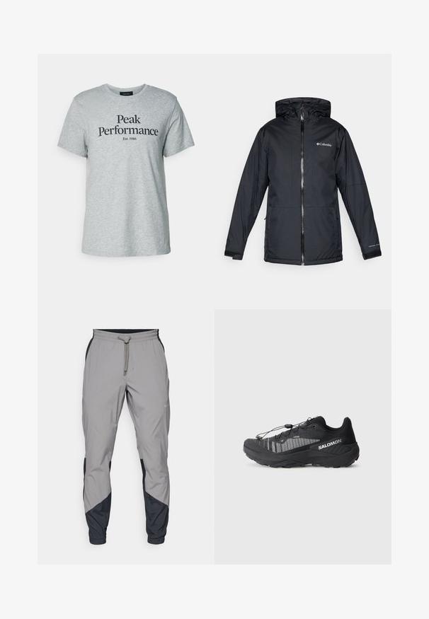 Black Columbia waterproof hooded jacket with front zipper, adjustable cuffs, and logo on chest and sleeve.; Gray cotton t-shirt featuring short sleeves and round neckline, with black text saying "Peak Performance Est. 1986" across the front.; Lightweight, gray athletic pants with black accents. Elastic waistband, drawstring closure, tapered leg design, and side pockets.; Black trail running shoe with a textured mesh upper, reflective accents, cushioned sole, and elastic lacing system. Logo on the side.