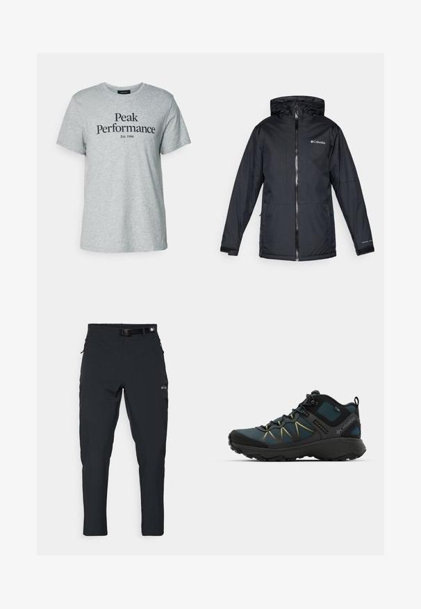 Črna Columbia vodoodporna jakna s kapuco, sprednjim zadrgo, nastavljivimi manšetami ter logotipom na prsih in rokavu.; Siva bombažna majica s kratkimi rokavi in okroglim ovratnikom, na sprednji strani pa je črn napis "Peak Performance Est. 1986".; Columbia ESSENTIAL HIKE™ PANT - Hlače za na prostem - black; Temno modre planinske čevlje z črnimi detajli, strukturiranim mrežastim zgornjim delom, rumenim šivom in robustnim podplatom, primerni za dejavnosti na prostem.