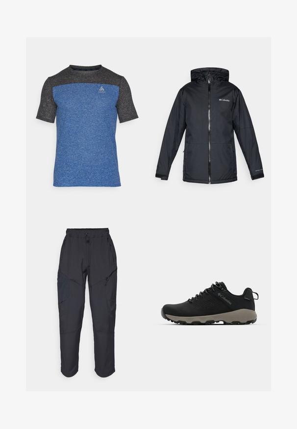 Black Columbia waterproof hooded jacket with front zipper, adjustable cuffs, and logo on chest and sleeve.; Short-sleeve athletic shirt with blue body and black shoulders, made from textured fabric, featuring a small logo on the front.; Black cargo pants made from a lightweight, water-resistant material; features elastic waistband, multiple zippered pockets, and tapered legs.; Black hiking shoe with a smooth upper, perforated design, gray outsole, and reinforced heel. Features laces and a pull tab for easy wear.