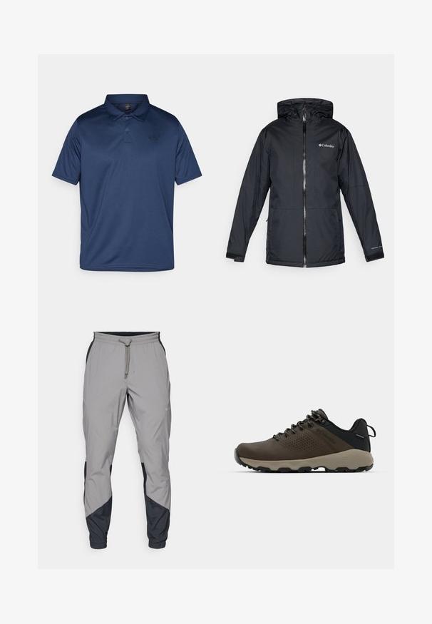 Mustan värvi Columbia veekindel kapuutsiga jakk, millel on esi tõmblukk, reguleeritavad mansetid ning logo rinnal ja varrukal.; Tumed sinise värviga polo särk, mis on valmistatud siledast ja hingavast kangast. Omab klassikalist krae, kolme nuppu ja väikest logo vasakul rinnal.; Kergedatud hallid sportlikud püksid mustade aktsentidega. Elastne vöökoht, stringiga sulgemine, kitsenev jala disain ja küljetaskud.; Kohandatud veekindlad pruunid spordijalatsid tekstuuriga pealisega, perforatsioonidega detailid, must kandetoetav osa ja hall kummine sisetald. Paelad on metallist otstega.
