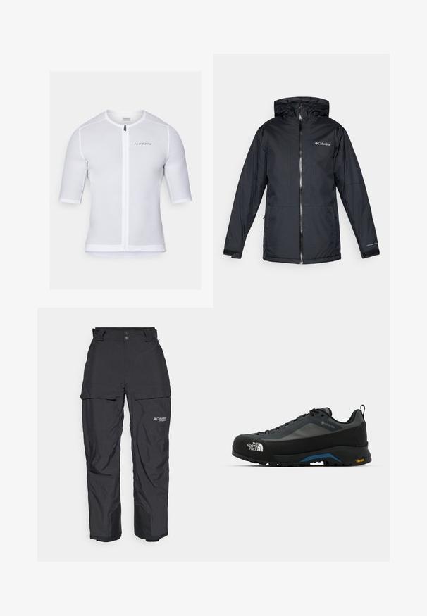 Veste à capuche imperméable noire Columbia avec fermeture éclair sur le devant, poignets ajustables et logo sur la poitrine et la manche.; Maillot de cyclisme court à manches blanches avec fermeture éclair à l'avant, tissu texturé et détail de logo subtil. Présente un col rond et une coupe ajustée.; Pantalons de plein air imperméables noirs avec une coupe décontractée, une taille ajustable, des poches cargo latérales et des poignets de cheville renforcés.; The North Face VERTO ALPINE GORE TEX - Chaussures de marche - asphalt grey/tnf black