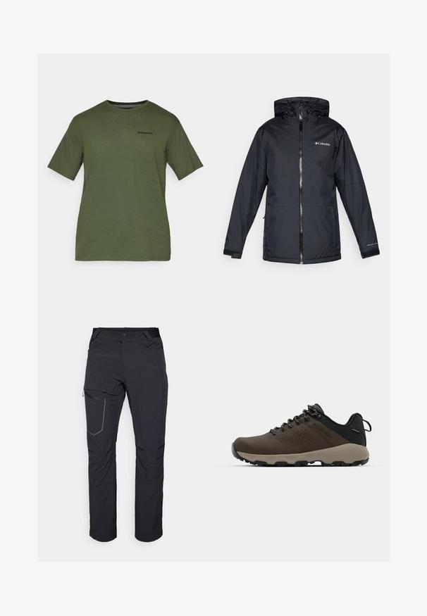 Mustan värvi Columbia veekindel kapuutsiga jakk, millel on esi tõmblukk, reguleeritavad mansetid ning logo rinnal ja varrukal.; Patagonia LOGO - Trükipildiga T-särk - pine green; Mustad musta värvi välispüksid, millel on tõmblukuga reiepocket, elastne vöökoht ja sile, veekindel kangas. Puhas disain ilma nähtavate logodeta.; Kohandatud veekindlad pruunid spordijalatsid tekstuuriga pealisega, perforatsioonidega detailid, must kandetoetav osa ja hall kummine sisetald. Paelad on metallist otstega.