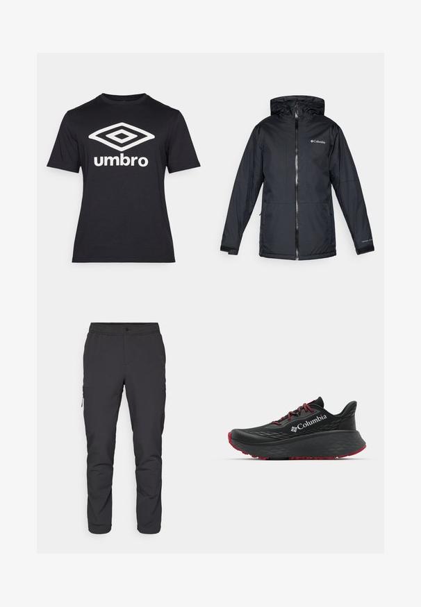 Melnā Columbia ūdensnecaurlaidīgā jaka ar kapuci, priekšējo rāvējslēdzēju, regulējamiem aprocēm un logo uz krūtīm un piedurknēm.; Melnas īsām piedurknēm t-krekli, kas izgatavots no kokvilnas, ar lielu baltu dimanta logotipu un tekstu "umbro" uz priekšpuses. Klasiska piegriezuma dizains.; Melni, sašaurināti bikses ar elastīgu jostu, rāvējslēdzēja sānu kabatu un gludu, vieglu audumu. Ideāli piemērotas aktīvai nodarbībai.; Melnas sporta kurpes ar teksturētu augšdaļu, sarkanām auklām un logotipu. Bieza zole ar rakstainu protektoru, lai nodrošinātu saķeri. Minimālisma dizains, sānu skats.