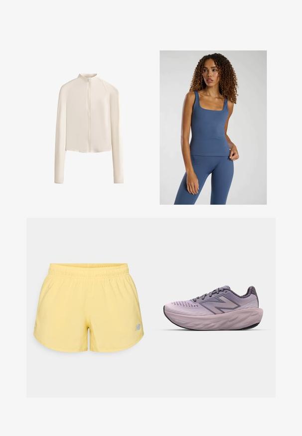 Giacca a maniche lunghe beige chiaro con colletto alto, zip frontale completa, spalle senza cuciture e texture del tessuto liscia. Design minimalista.; Top aderente blu con scollatura quadrata, realizzato in un tessuto morbido e elasticizzato. Abbinato a leggings a vita alta coordinati.; Pantaloni sportivi gialli con vita elasticizzata e un piccolo logo grigio in basso a destra. Tessuto liscio, leggero e design a taglio corto.; Scarpa da corsa viola con tomaia in tessuto traspirante, colletto imbottito, intersuola con spessore ammortizzante e suola in gomma testurizzata.