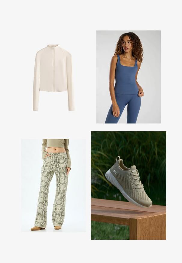 Helle beige Langarmjacke mit hohem Kragen, vollständigem Reißverschluss vorne, nahtlosen Schultern und glattem Stoff. Minimalistisches Design.; Blaues, tailliertes Trägertop mit quadratischem Ausschnitt, aus einem glatten, elastischen Stoff gefertigt. Kombiniert mit passenden High-Waist-Leggings.; Weite Hosen mit einem hellgrünen und grauen Schlangenmuster. Sie bestehen aus einem strukturierten Stoff, haben Seitentaschen und einen Knopfverschluss.; Beige Sport Schuh mit strukturiertem Obermaterial, Schnürsenkeln und unterstützendem Fersenriegel, der auf einer Holzoberfläche liegt und vor grünem Laub steht.
