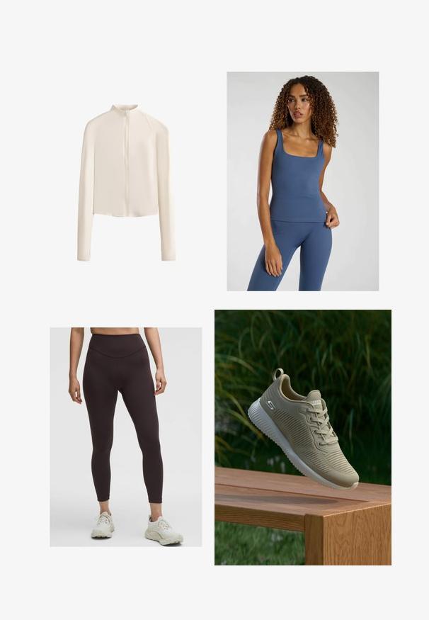 Lys beige langærmet jakke med høj krave, fuld frontlynlås, sømløse skuldre og glat stoftekstur. Minimalistisk design.; Blå tætsiddende tanktop med firkantet udskæring, lavet af et glat, strækbart stof. Kombinationen med matchende højhalsede leggings.; Person iført højlivet mørkebrune leggings og hvide sportssko, der står mod en ensfarvet lys baggrund.; Beige atletisk sko med tekstureret overdækning, snørebånd og støttende hælkappe, hviler på en træoverflade, sat mod grønne planter.