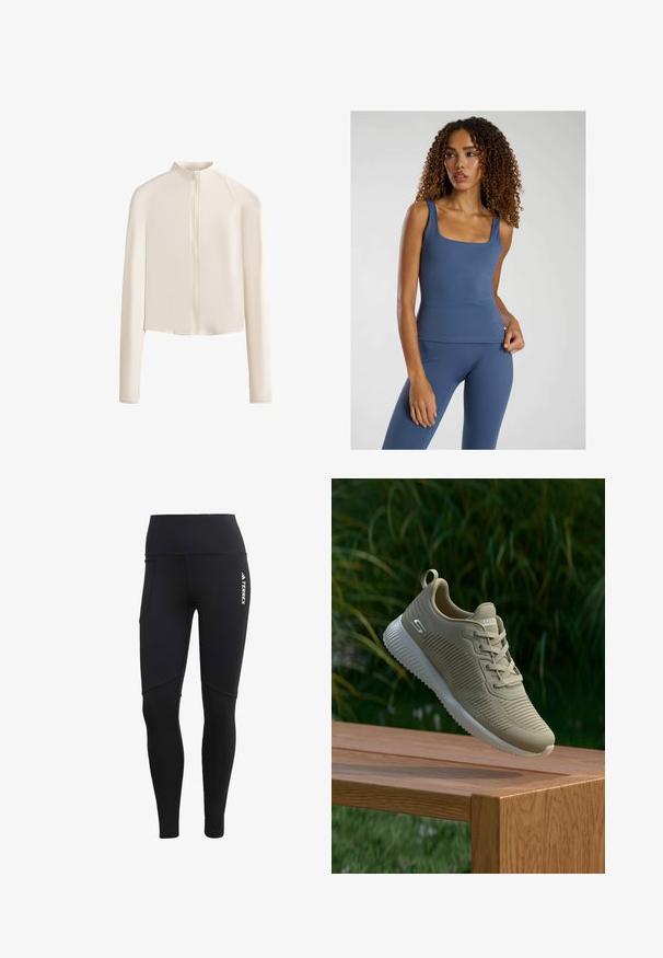 Lichtbeige lange mouw jack met een hoge kraag, volledige voorrits, naadloze schouders en een gladde stoftextuur. Minimalistisch ontwerp.; Blauw aansluitend tanktop met een vierkante halslijn, gemaakt van een gladde, rekbare stof. Gecombineerd met bijpassende high-waisted leggings.; Zwarte sportlegging met hoge taille, voorzien van een zijzak, naadloos ontwerp en het Terrex-logo aan de voorkant rechts.; Beige sportieve schoen met een gestructureerde bovenkant, veters en een ondersteunende hielstrip, rustend op een houten oppervlak, tegen een achtergrond van groene bladeren.
