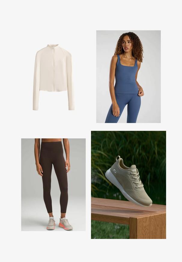 Veste longue à manches longues beige clair avec un col haut, fermeture éclair sur toute la longueur, épaules sans couture et texture de tissu lisse. Design minimaliste.; Débardeur ajusté bleu avec un col carré, fabriqué à partir d'un tissu stretch lisse. Assorti à un legging taille haute.; lululemon WUNDER TRAIN HIGH-RISE 64CM - Leggings - espresso; Baskets de sport beige avec une tige texturée, des lacets et un haut de talon de soutien, reposant sur une surface en bois, contre un fond de feuillage vert.