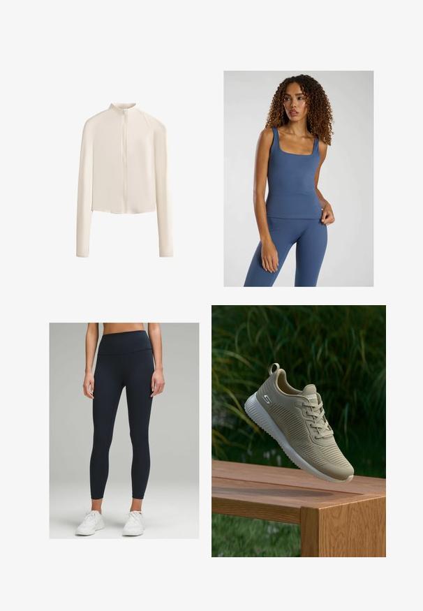 Lys beige langærmet jakke med høj krave, fuld frontlynlås, sømløse skuldre og glat stoftekstur. Minimalistisk design.; Blå tætsiddende tanktop med firkantet udskæring, lavet af et glat, strækbart stof. Kombinationen med matchende højhalsede leggings.; Højtaljede, tætsiddende leggings i mørkeblå, lavet af strækbart stof. Har en glat tekstur og ingen synlige mønstre eller detaljer.; Beige atletisk sko med tekstureret overdækning, snørebånd og støttende hælkappe, hviler på en træoverflade, sat mod grønne planter.