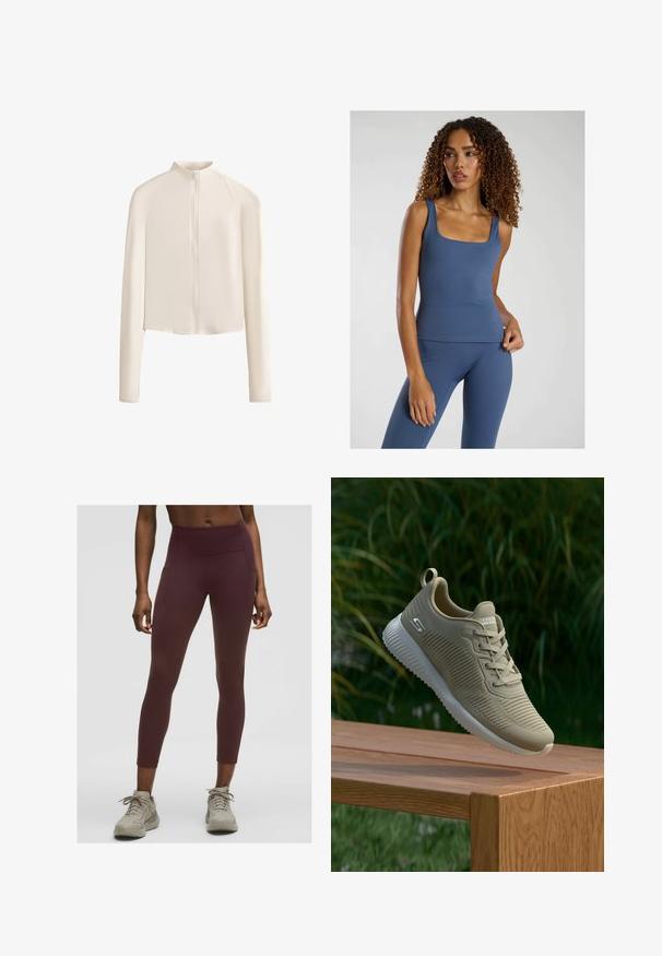 Jasno-beżowa kurtka z długim rękawem, wysokim kołnierzem, pełnym zapięciem na zamek z przodu, bezszwowym ramionami i gładką teksturą materiału. Minimalistyczny design.; Niebieski dopasowany top bez rękawów z kwadratowym dekoltem, wykonany z gładkiego, elastycznego materiału. W zestawie z dopasowanymi legginsami o wysokim stanie.; Bordowe legginsy z wysokim stanem, wykonane z elastycznej tkaniny, z bocznymi kieszeniami i dopasowanym krojem, który sięga do kostek.; Beżowy but sportowy z teksturowanym cholewką, sznurowadłami i wspierającym zapiętkiem, spoczywający na drewnianej powierzchni, w otoczeniu zielonego liścia.