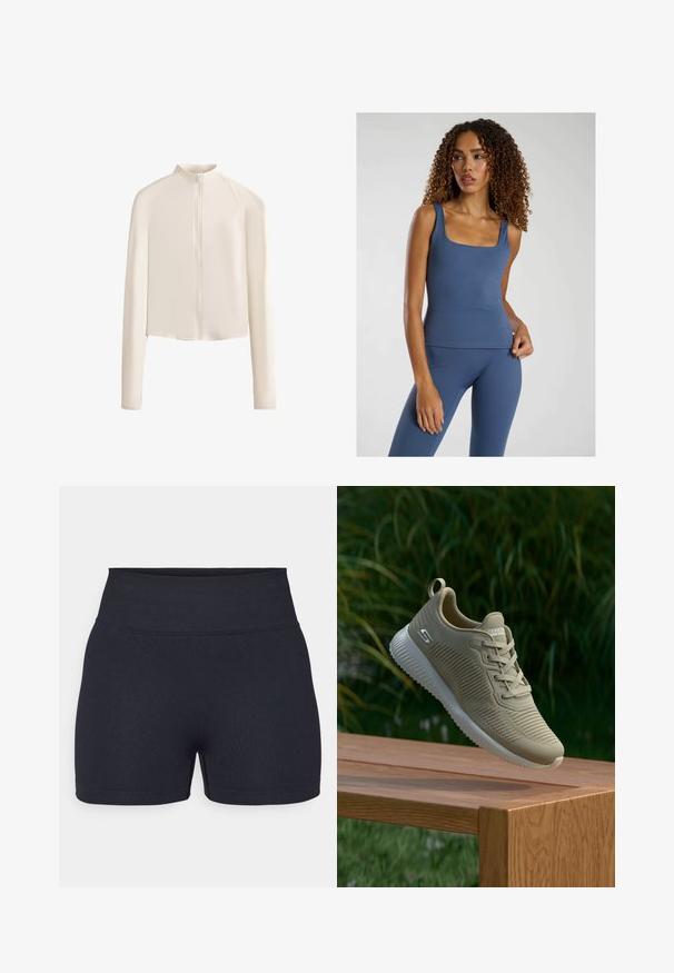 Light beige long-sleeve jacket with a high collar, full front zipper, seamless shoulders, and smooth fabric texture. Minimalist design.; Blue fitted tank top with a square neckline, made from a smooth, stretch fabric. Paired with matching high-waisted leggings.; Black high-waisted athletic shorts, made of stretchy fabric. Features a smooth texture and clean lines with a simple design.; Beige athletic shoe with textured upper, laces, and supportive heel tab, resting above a wooden surface, set against green foliage.