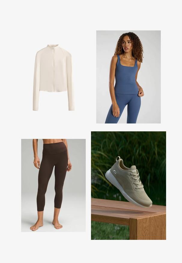 Lichtbeige lange mouw jack met een hoge kraag, volledige voorrits, naadloze schouders en een gladde stoftextuur. Minimalistisch ontwerp.; Blauw aansluitend tanktop met een vierkante halslijn, gemaakt van een gladde, rekbare stof. Gecombineerd met bijpassende high-waisted leggings.; lululemon Align™ High-Rise Crop 58" - Tights - espresso; Beige sportieve schoen met een gestructureerde bovenkant, veters en een ondersteunende hielstrip, rustend op een houten oppervlak, tegen een achtergrond van groene bladeren.