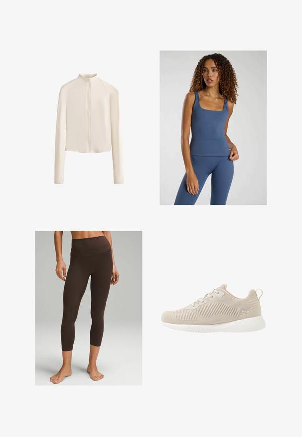 Lichtbeige lange mouw jack met een hoge kraag, volledige voorrits, naadloze schouders en een gladde stoftextuur. Minimalistisch ontwerp.; Blauw aansluitend tanktop met een vierkante halslijn, gemaakt van een gladde, rekbare stof. Gecombineerd met bijpassende high-waisted leggings.; lululemon Align™ High-Rise Crop 58" - Tights - espresso; Beige sportschoen met een textuur bovenmateriaal, vetersluiting, lichtgewicht zool en een gebogen, gewatteerde kraag voor comfort. Beschikt over een logo aan de zijkant.