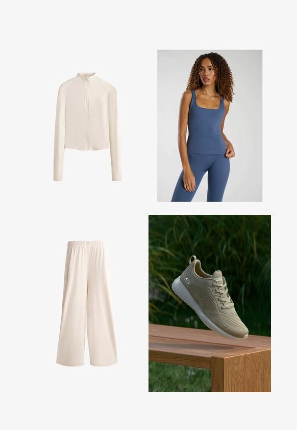 Ljusbeige långärmad jacka med hög krage, hel dragkedja framtill, sömlösa axlar och slät tygtextur. Minimalistisk design.; Blå åtsittande tanktop med fyrkantig halsringning, gjord av ett mjukt, stretchigt material. Kombinerad med matchande högmidjade leggings.; Breda crempants med elastisk midja, tillverkade av mjukt tyg, med en avslappnad passform och inga synliga fickor eller dekorationer.; Beige träningsskor med texturerad ovandel, snören och stödjande hälflik, vilande ovanför en träyta, med grön vegetation i bakgrunden.
