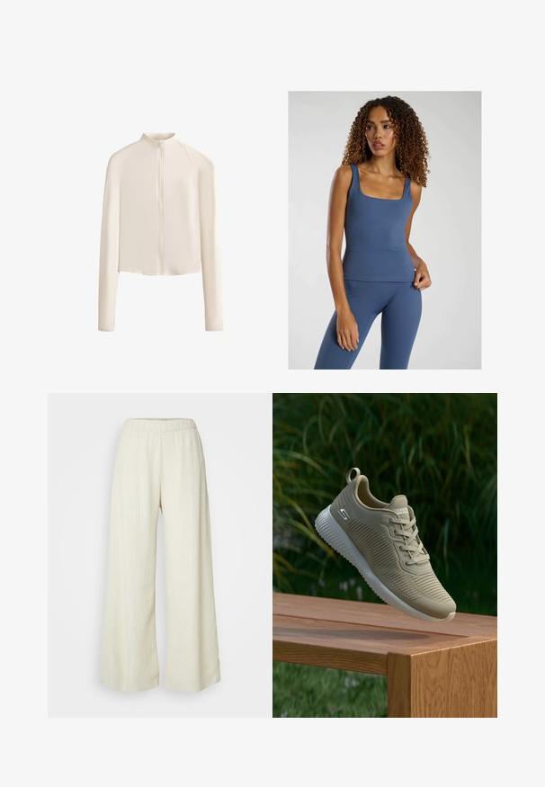 Helle beige Langarmjacke mit hohem Kragen, vollständigem Reißverschluss vorne, nahtlosen Schultern und glattem Stoff. Minimalistisches Design.; Blaues, tailliertes Trägertop mit quadratischem Ausschnitt, aus einem glatten, elastischen Stoff gefertigt. Kombiniert mit passenden High-Waist-Leggings.; Weite Hosen aus einem strukturierten, cremefarbenen Stoff. Mit einem elastischen Bund und einer fließenden Silhouette. Geeignet für legere Anlässe.; Beige Sport Schuh mit strukturiertem Obermaterial, Schnürsenkeln und unterstützendem Fersenriegel, der auf einer Holzoberfläche liegt und vor grünem Laub steht.