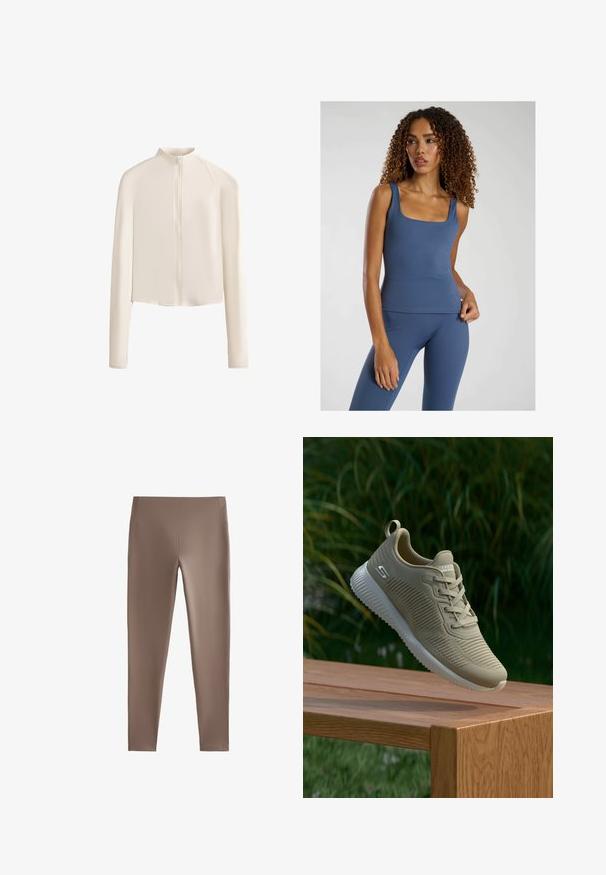 Giacca a maniche lunghe beige chiaro con colletto alto, zip frontale completa, spalle senza cuciture e texture del tessuto liscia. Design minimalista.; Top aderente blu con scollatura quadrata, realizzato in un tessuto morbido e elasticizzato. Abbinato a leggings a vita alta coordinati.; Leggings marroni realizzati in tessuto elasticizzato; design aderente con una texture liscia, vita media-alta e senza tasche visibili o decorazioni.; Scarpa sportiva beige con tomaia texturizzata, lacci e un supporto sul tallone, adagiata su una superficie di legno, immersa in un contesto di vegetazione verde.