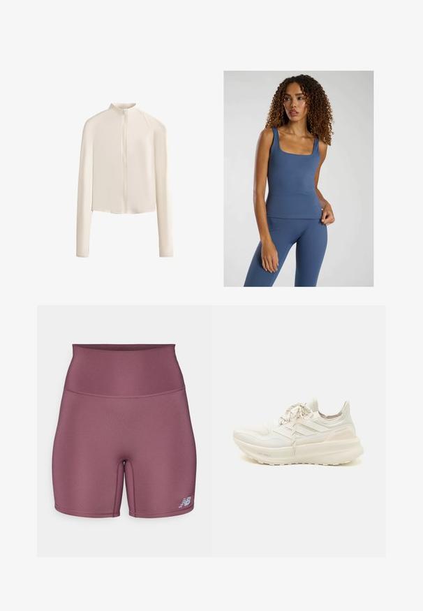 Light beige long-sleeve jacket with a high collar, full front zipper, seamless shoulders, and smooth fabric texture. Minimalist design.; Blue fitted tank top with a square neckline, made from a smooth, stretch fabric. Paired with matching high-waisted leggings.; High-waisted athletic shorts in muted purple, featuring a smooth, stretchy fabric and a small logo on the lower left leg.; White athletic shoe featuring a textured upper, three-stripe design, light cushioning, and a split-color heel accent. Lightweight sole technology.
