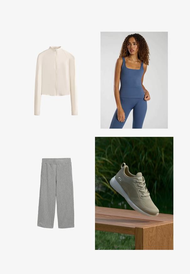 Veste longue à manches longues beige clair avec un col haut, fermeture éclair sur toute la longueur, épaules sans couture et texture de tissu lisse. Design minimaliste.; Débardeur ajusté bleu avec un col carré, fabriqué à partir d'un tissu stretch lisse. Assorti à un legging taille haute.; Pantalons légers gris avec un motif à rayures verticales, coupe large, taille élastique et sans poches visibles.; Baskets de sport beige avec une tige texturée, des lacets et un haut de talon de soutien, reposant sur une surface en bois, contre un fond de feuillage vert.