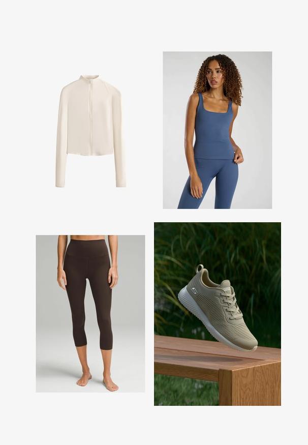 Jasno-beżowa kurtka z długim rękawem, wysokim kołnierzem, pełnym zapięciem na zamek z przodu, bezszwowym ramionami i gładką teksturą materiału. Minimalistyczny design.; Niebieski dopasowany top bez rękawów z kwadratowym dekoltem, wykonany z gładkiego, elastycznego materiału. W zestawie z dopasowanymi legginsami o wysokim stanie.; lululemon - Rajstopy; Beżowy but sportowy z teksturowanym cholewką, sznurowadłami i wspierającym zapiętkiem, spoczywający na drewnianej powierzchni, w otoczeniu zielonego liścia.
