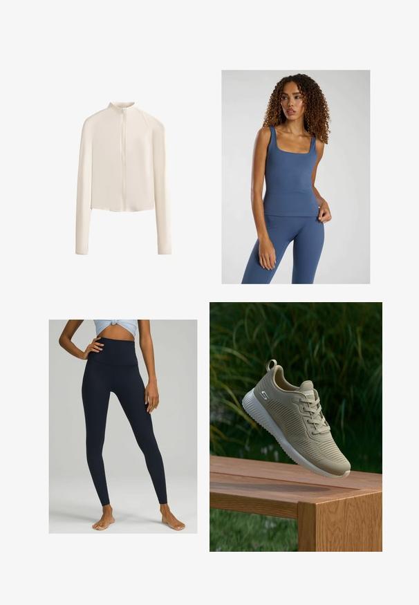 Lys beige langærmet jakke med høj krave, fuld frontlynlås, sømløse skuldre og glat stoftekstur. Minimalistisk design.; Blå tætsiddende tanktop med firkantet udskæring, lavet af et glat, strækbart stof. Kombinationen med matchende højhalsede leggings.; Højtaljede navy leggings lavet af strækbart stof. Slank design med en glat tekstur og tæt pasform, der går ned til anklerne.; Beige atletisk sko med tekstureret overdækning, snørebånd og støttende hælkappe, hviler på en træoverflade, sat mod grønne planter.